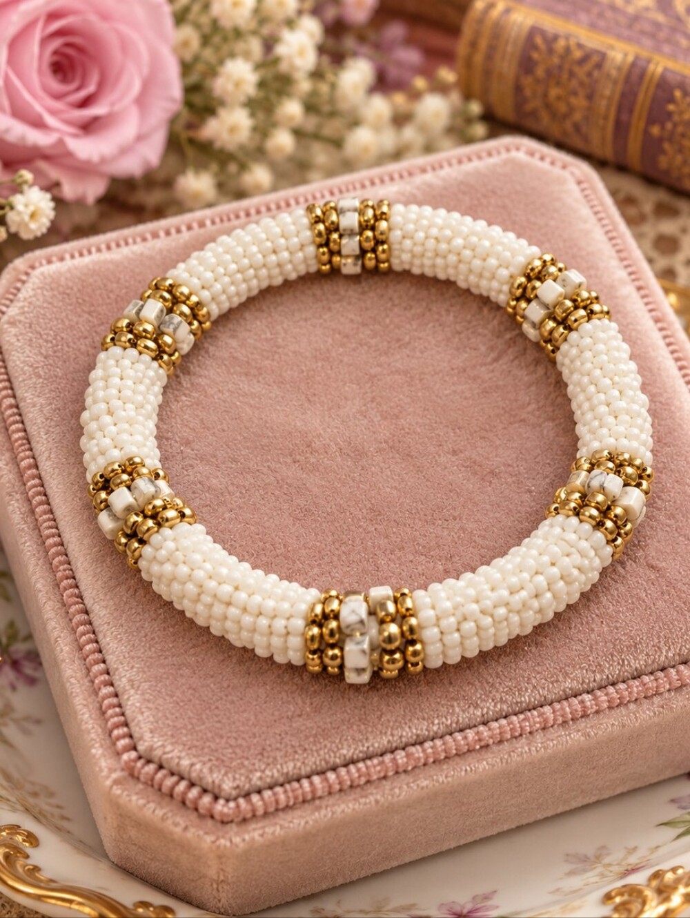 White and Gold Beaded Bracelet